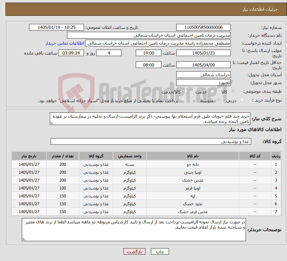تصویر کوچک آگهی نیاز کالا-خرید چند قلم حبوبات طبق فرم استعلام بها پیوستی- ذکر برند الزامیست-ارسال و تخلیه در بیمارستان بر عهده تامین کننده برنده میباشد.