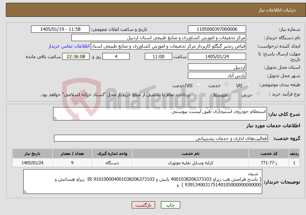 تصویر کوچک آگهی نیاز خدمات-استعلام خودروی استیجاری طبق لیست پیوستی