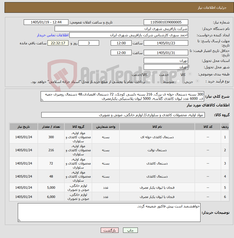 تصویر کوچک آگهی نیاز کالا-300 بسته دستمال حوله ی بزرگ، 216 بسته دلسی کوچک، 72 دستمال اقتصادی،48 دستمال رومیزی جعبه ی، 6000 عدد لیوان کاغذی گلاسه، 5000 لیوان پلاستیکی یکبارمصرف