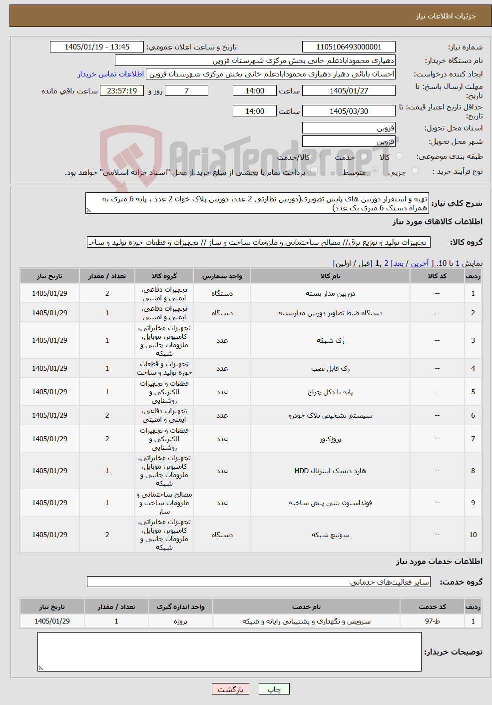 تصویر کوچک آگهی نیاز خدمت/کالا-تهیه و استقرار دوربین های پایش تصویری(دوربین نظارتی 2 عدد، دوربین پلاک خوان 2 عدد ، پایه 6 متری به همراه دستک 6 متری یک عدد)