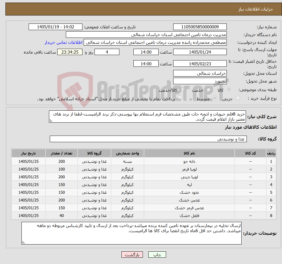 تصویر کوچک آگهی نیاز کالا-خرید 8قلم حبوبات و ادویه جات طبق مشخصات فرم استعلام بها پیوستی-ذکر برند الزامیست-لطفا از برند های معتبر بازار اعلام قیمت گردد.