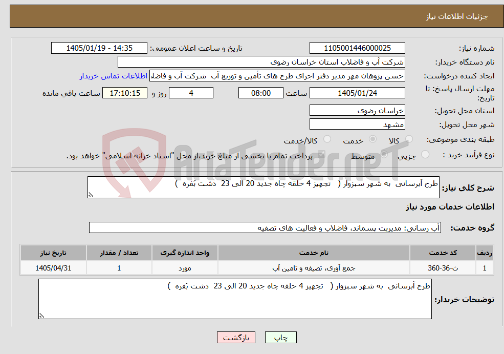 تصویر کوچک آگهی نیاز خدمات-طرح آبرسانی به شهر سبزوار ( تجهیز 4 حلقه چاه جدید 20 الی 23 دشت بَفره )