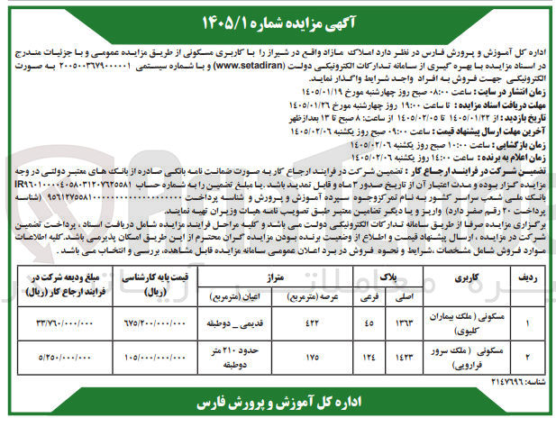 تصویر کوچک آگهی فروش املاک مازاد در 2 ردیف با کاربری مسکونی 