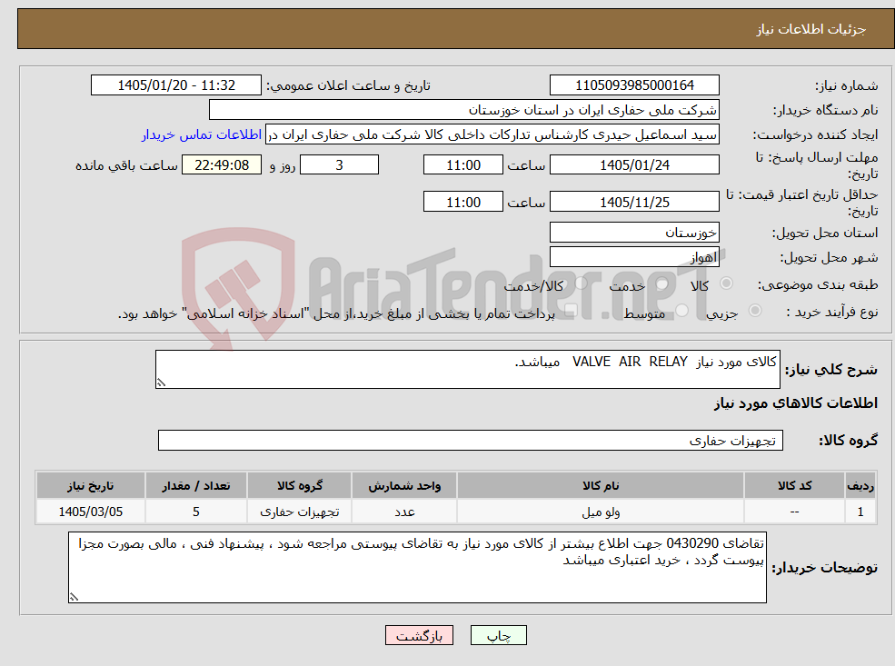 تصویر کوچک آگهی نیاز کالا-کالای مورد نیاز VALVE AIR RELAY میباشد.