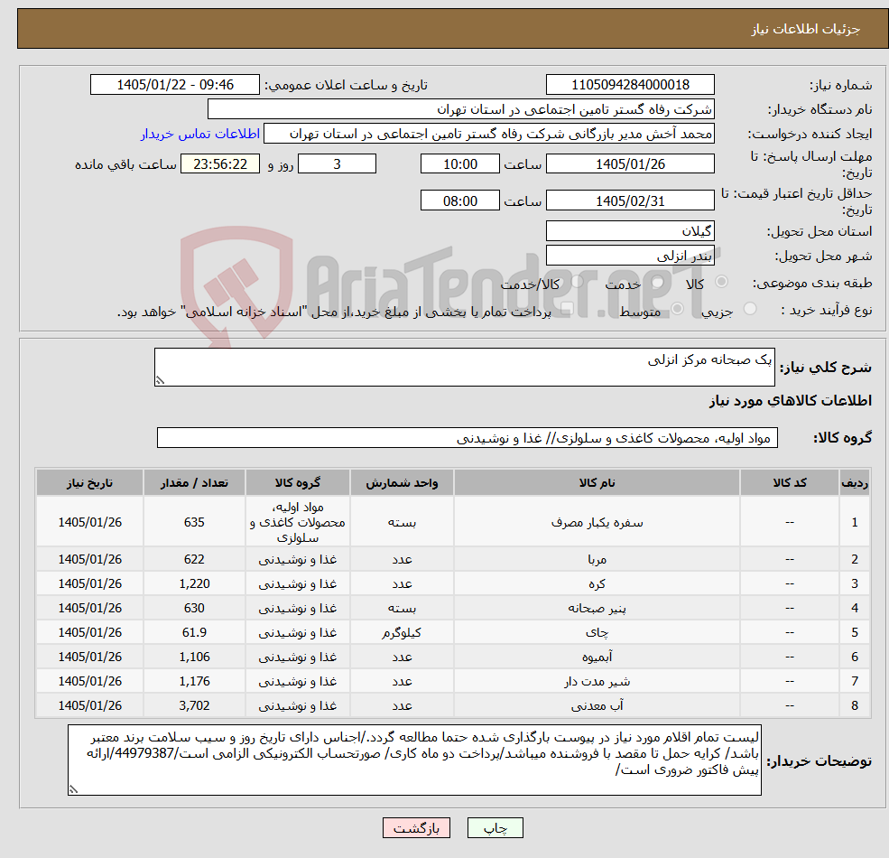 تصویر کوچک آگهی نیاز کالا-پک صبحانه مرکز انزلی