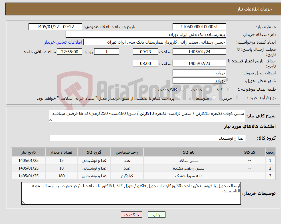تصویر کوچک آگهی نیاز کالا-سس کچاپ تکنفره 15کارتن / سس فرانسه تکنفره 10کارتن / سویا 180بسته 250گرمی/کد ها فرضی میباشد