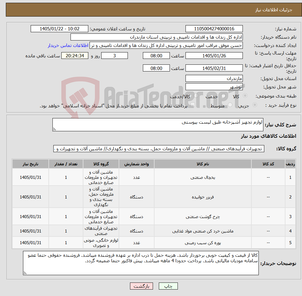 تصویر کوچک آگهی نیاز کالا-لوازم تجهیز آشپزخانه طبق لیست پیوستی