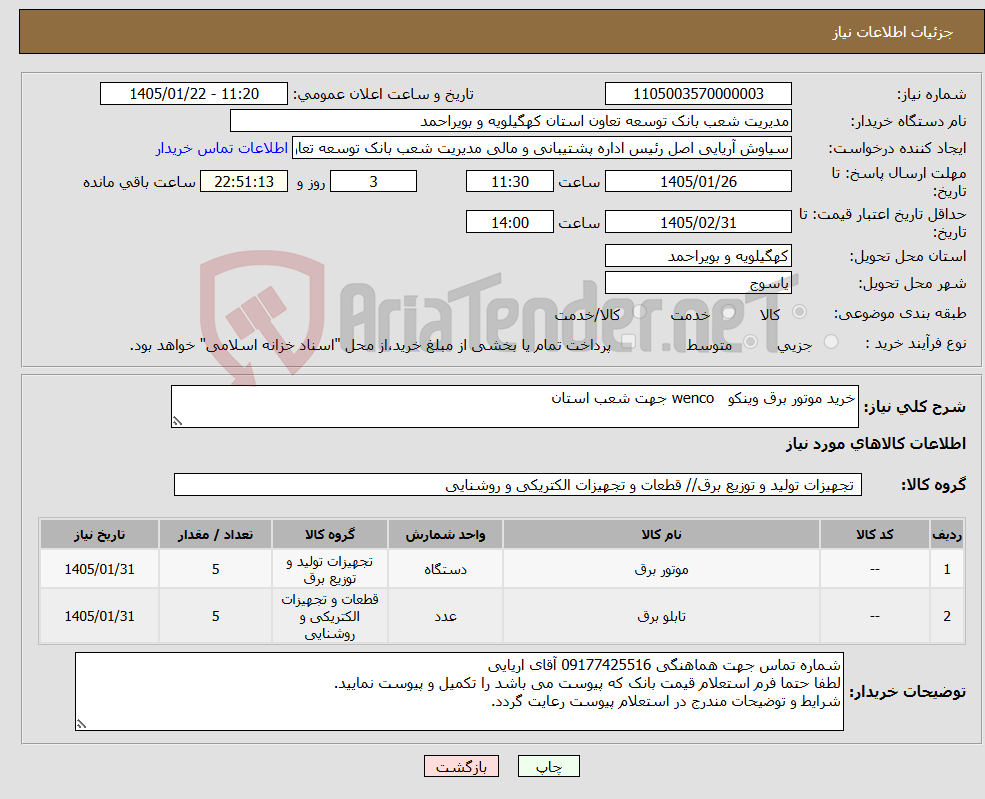 تصویر کوچک آگهی نیاز کالا-خرید موتور برق وینکو wenco جهت شعب استان 