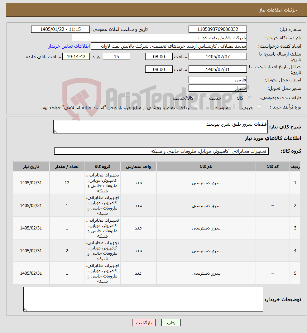 تصویر کوچک آگهی نیاز کالا-قطعات سرور طبق شرح پیوست