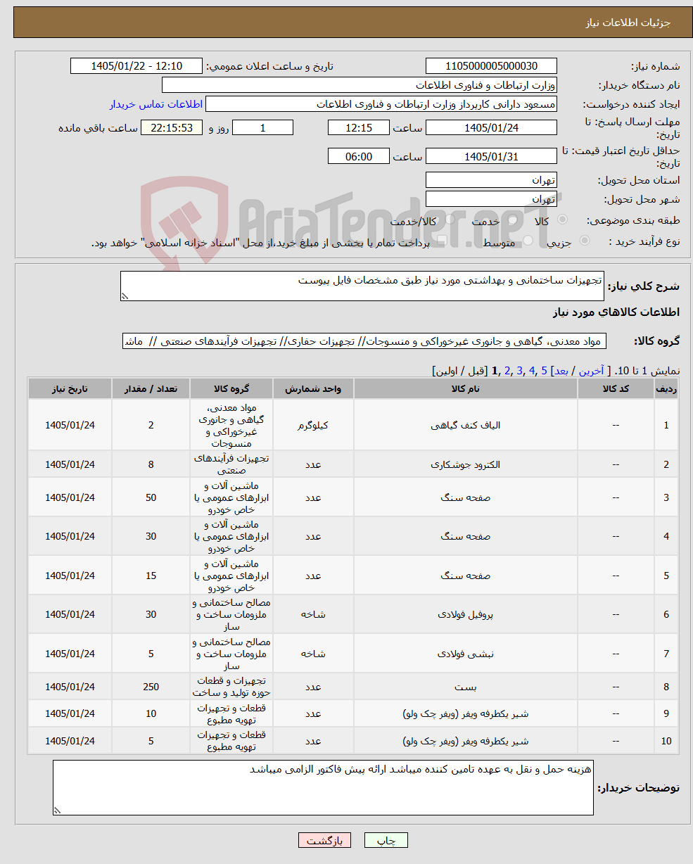 تصویر کوچک آگهی نیاز کالا-تجهیزات ساختمانی و بهداشتی مورد نیاز طبق مشخصات فایل پیوست