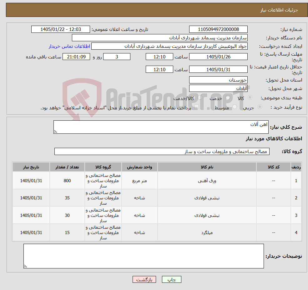 تصویر کوچک آگهی نیاز کالا-اهن آلات 