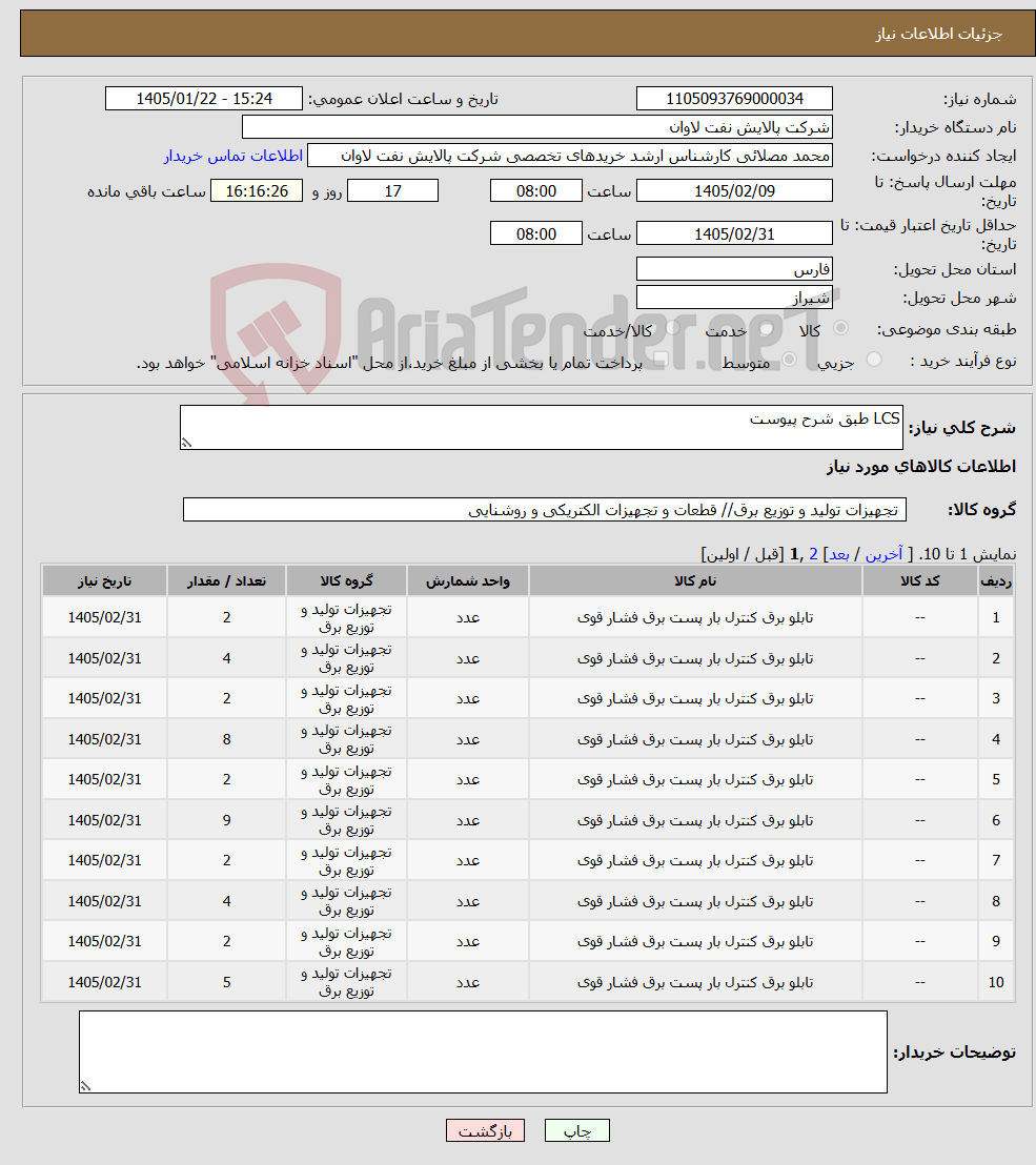 تصویر کوچک آگهی نیاز کالا-LCS طبق شرح پیوست
