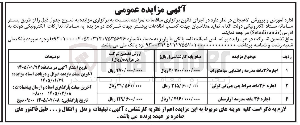 تصویر کوچک آگهی  اجاره املاک در 3 ردیف (مدرسه)