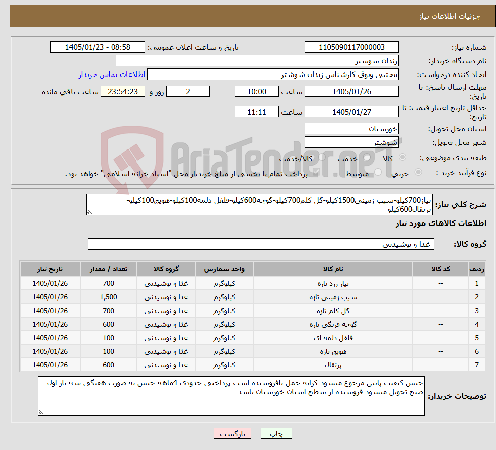 تصویر کوچک آگهی نیاز کالا-پیاز700کیلو-سیب زمینی1500کیلو-گل کلم700کیلو-گوجه600کیلو-فلفل دلمه100کیلو-هویج100کیلو-پرتقال600کیلو