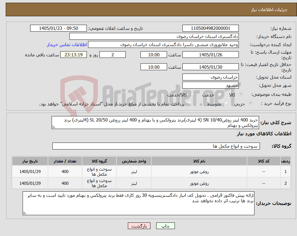 تصویر کوچک آگهی نیاز کالا-خرید 400 لیتر روغن10/40 SN (4 لیتری)برند پترولکس و یا بهتام و 400 لیتر رروغن 20/50 SL (4لیتری) برند پترولکس و بهتام 