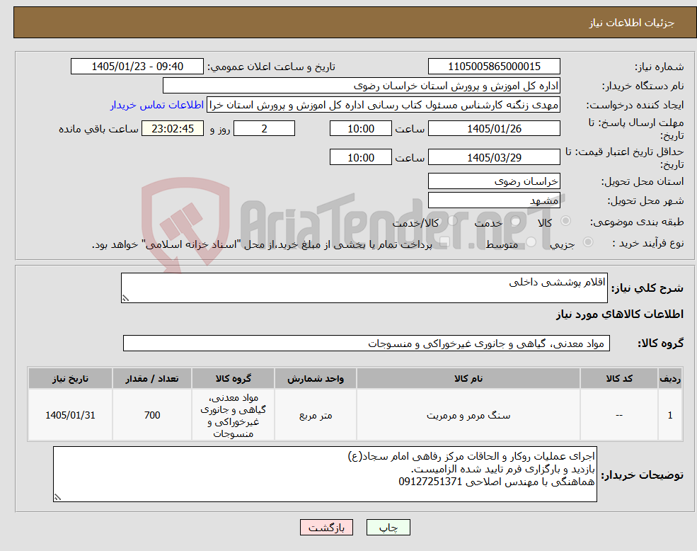 تصویر کوچک آگهی نیاز کالا-اقلام پوششی داخلی