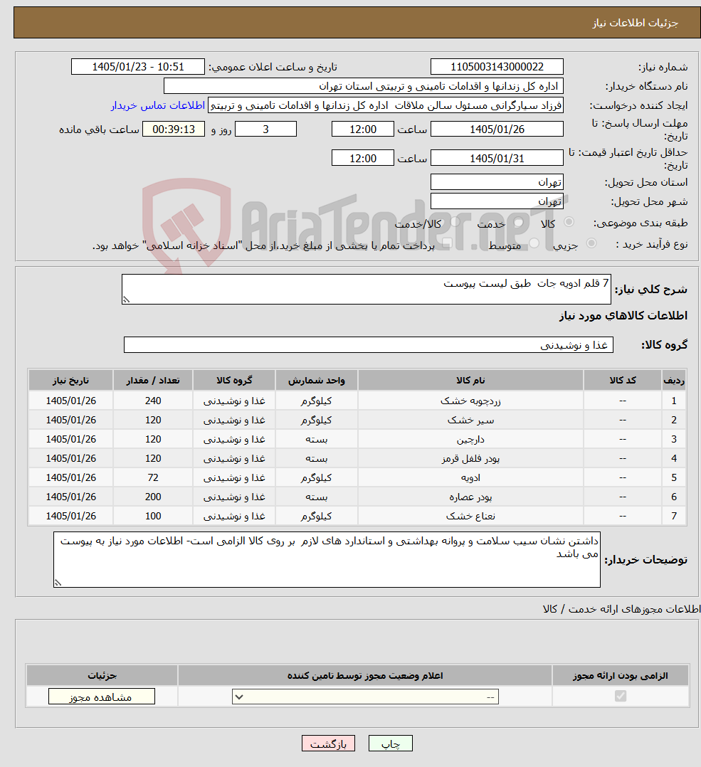 تصویر کوچک آگهی نیاز کالا-7 قلم ادویه جات طبق لیست پیوست