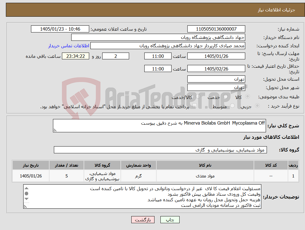 تصویر کوچک آگهی نیاز کالا-Mycoplasma Off Minerva Biolabs GmbH به شرح دقیق پیوست