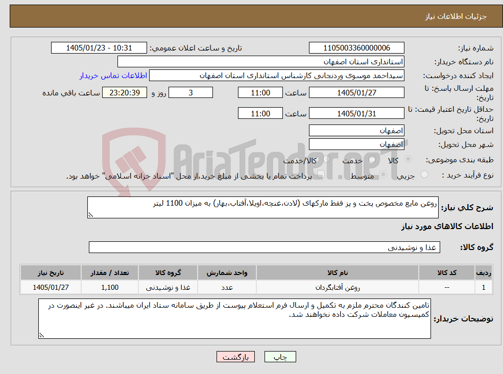 تصویر کوچک آگهی نیاز کالا-روغن مایع مخصوص پخت و پز فقط مارکهای (لادن،غنچه،اویلا،آفتاب،بهار) به میزان 1100 لیتر