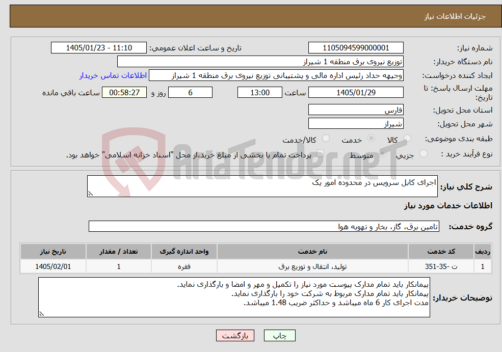 تصویر کوچک آگهی نیاز خدمات-اجرای کابل سرویس در محدوده امور یک