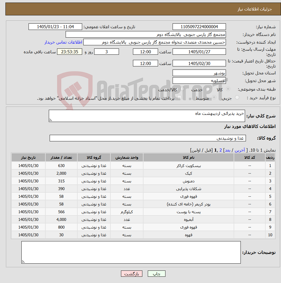 تصویر کوچک آگهی نیاز کالا-خرید پذیرائی اردیبهشت ماه 
