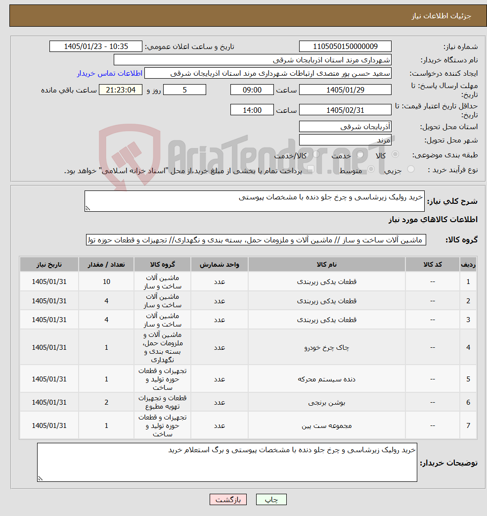 تصویر کوچک آگهی نیاز کالا-خرید رولیک زیرشاسی و چرخ جلو دنده با مشخصات پیوستی