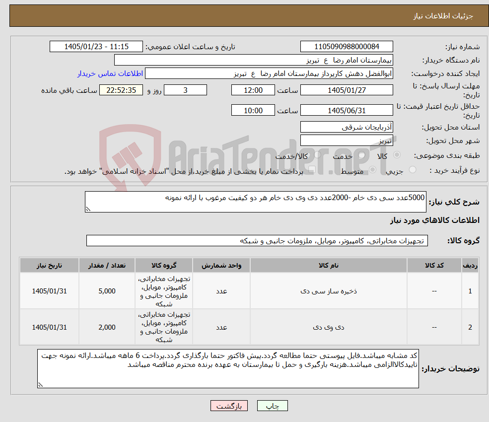 تصویر کوچک آگهی نیاز کالا-5000عدد سی دی خام -2000عدد دی وی دی خام هر دو کیفیت مرغوب با ارائه نمونه