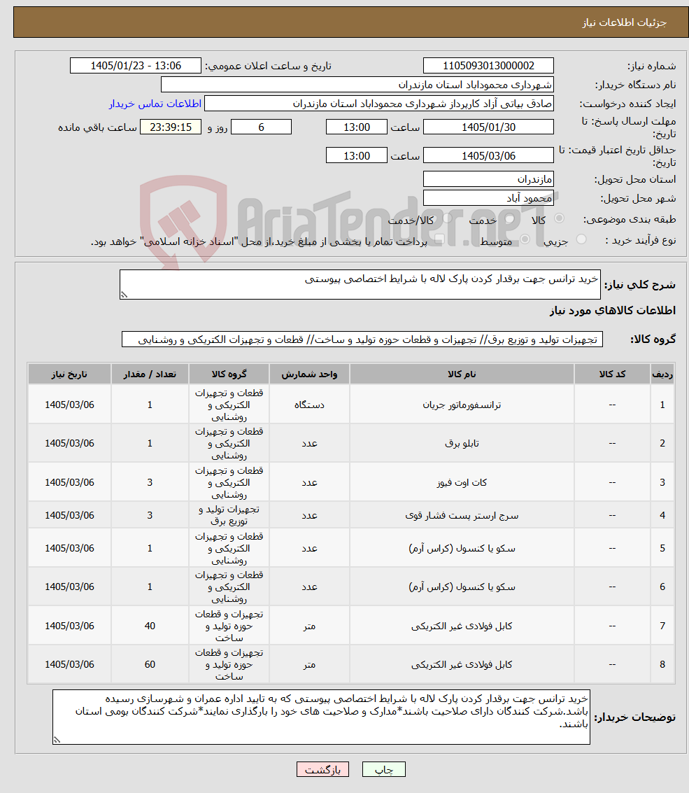 تصویر کوچک آگهی نیاز کالا-خرید ترانس جهت برقدار کردن پارک لاله با شرایط اختصاصی پیوستی