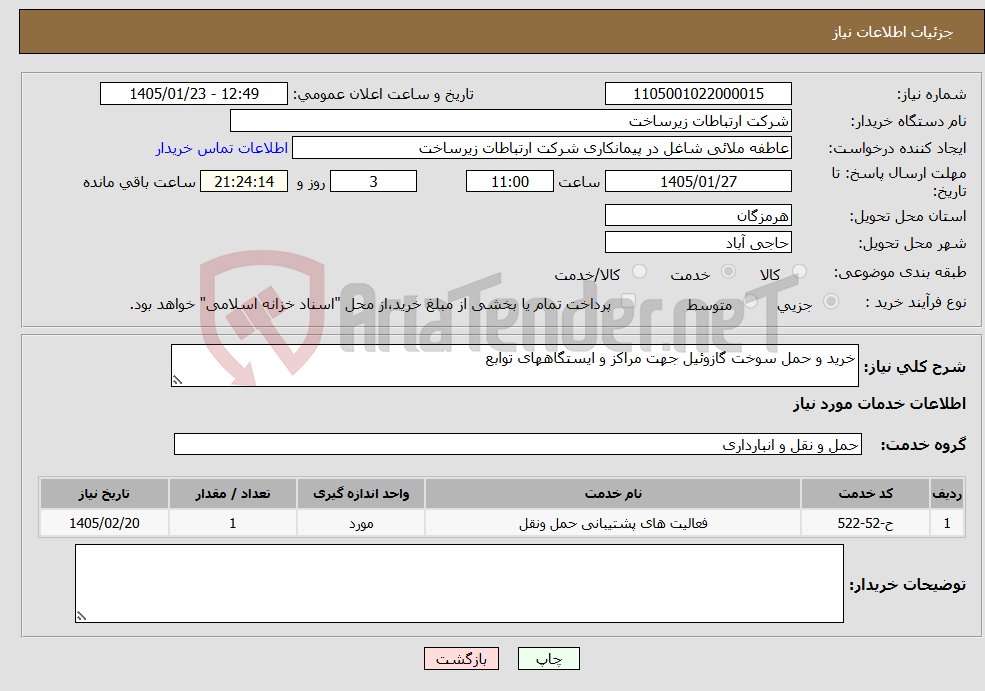 تصویر کوچک آگهی نیاز خدمات-خرید و حمل سوخت گازوئیل جهت مراکز و ایستگاههای توابع