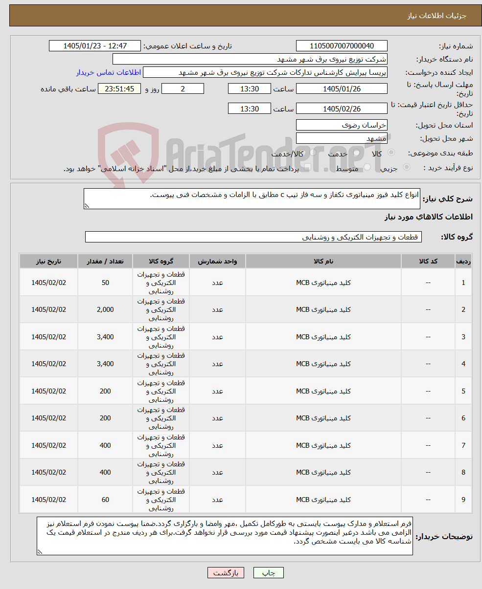 تصویر کوچک آگهی نیاز کالا-انواع کلید فیوز مینیاتوری تکفاز و سه فاز تیپ c مطابق با الزامات و مشخصات فنی پیوست.