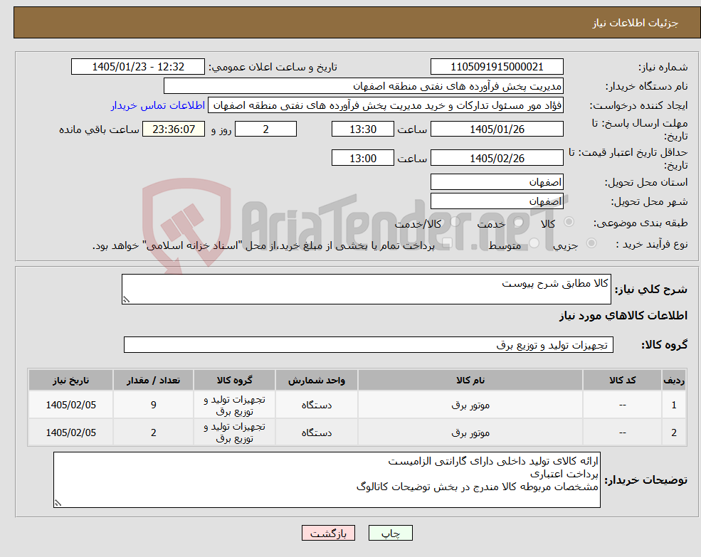 تصویر کوچک آگهی نیاز کالا-کالا مطابق شرح پیوست
