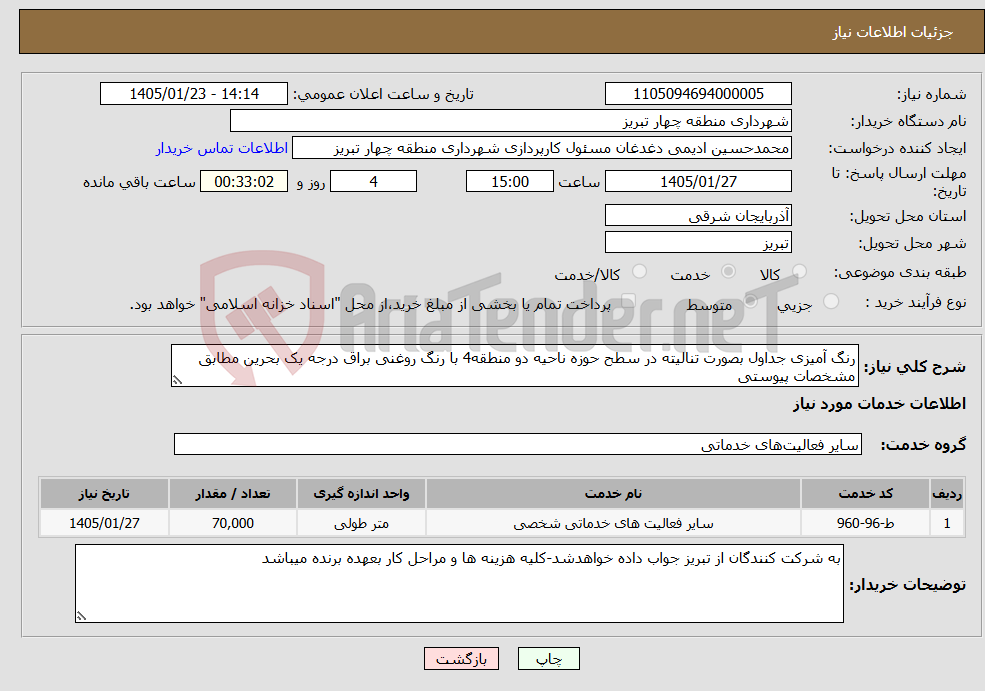 تصویر کوچک آگهی نیاز خدمات-رنگ آمیزی جداول بصورت تنالیته در سطح حوزه ناحیه دو منطقه4 با رنگ روغنی براق درجه یک بحرین مطابق مشخصات پیوستی