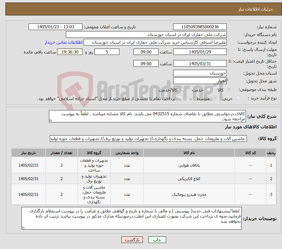 تصویر کوچک آگهی نیاز کالا-کالای درخواستی مطابق با تقاضای شماره 0432515 می باشد. نام کالا مشابه میباشد . لطفاً به پیوست مراجعه شود.
