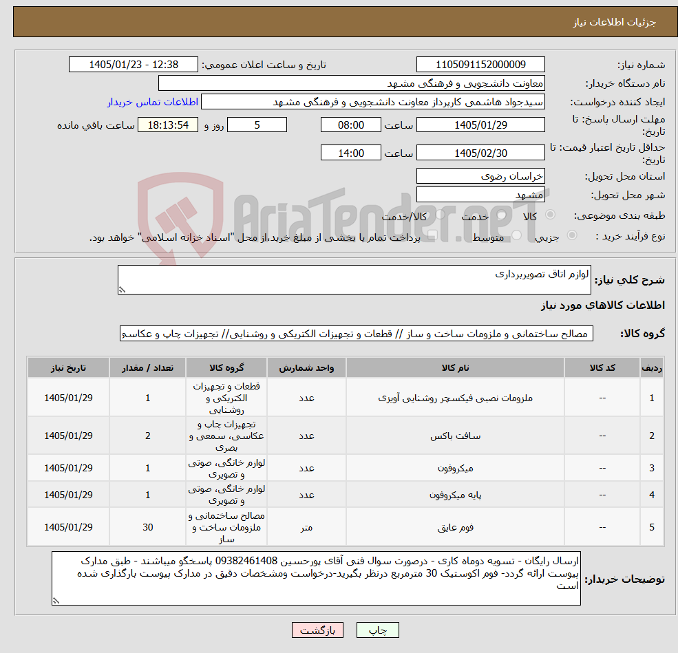 تصویر کوچک آگهی نیاز کالا-لوازم اتاق تصویربرداری