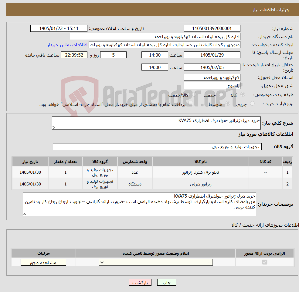 تصویر کوچک آگهی نیاز کالا-خرید دیزل ژنراتور -مولدبرق اضطراری KVA75