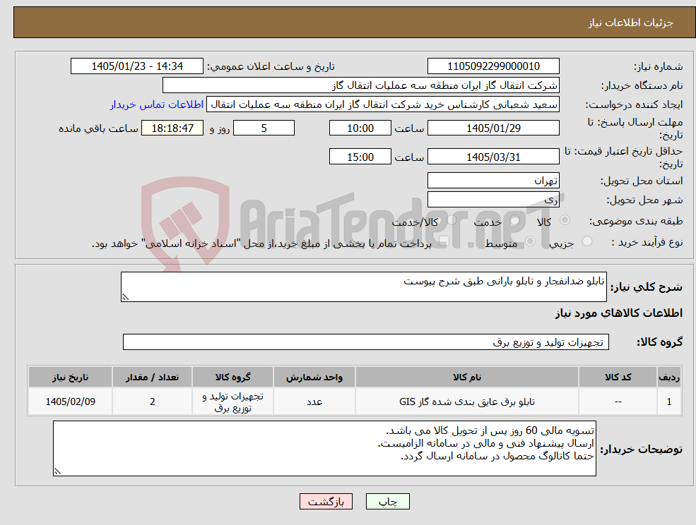 تصویر کوچک آگهی نیاز کالا-تابلو ضدانفجار و تابلو بارانی طبق شرح پیوست