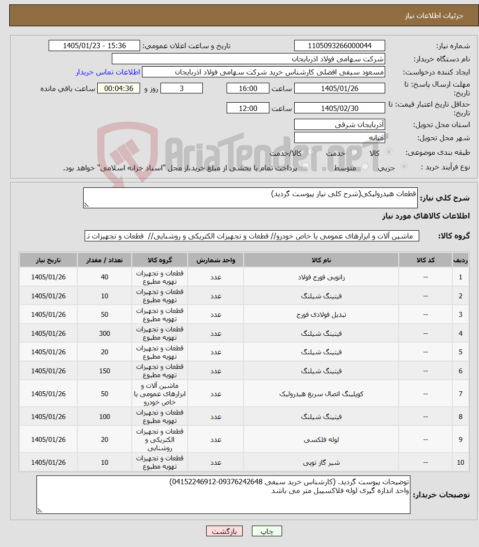 تصویر کوچک آگهی نیاز کالا-قطعات هیدرولیکی(شرح کلی نیاز پیوست گردید)