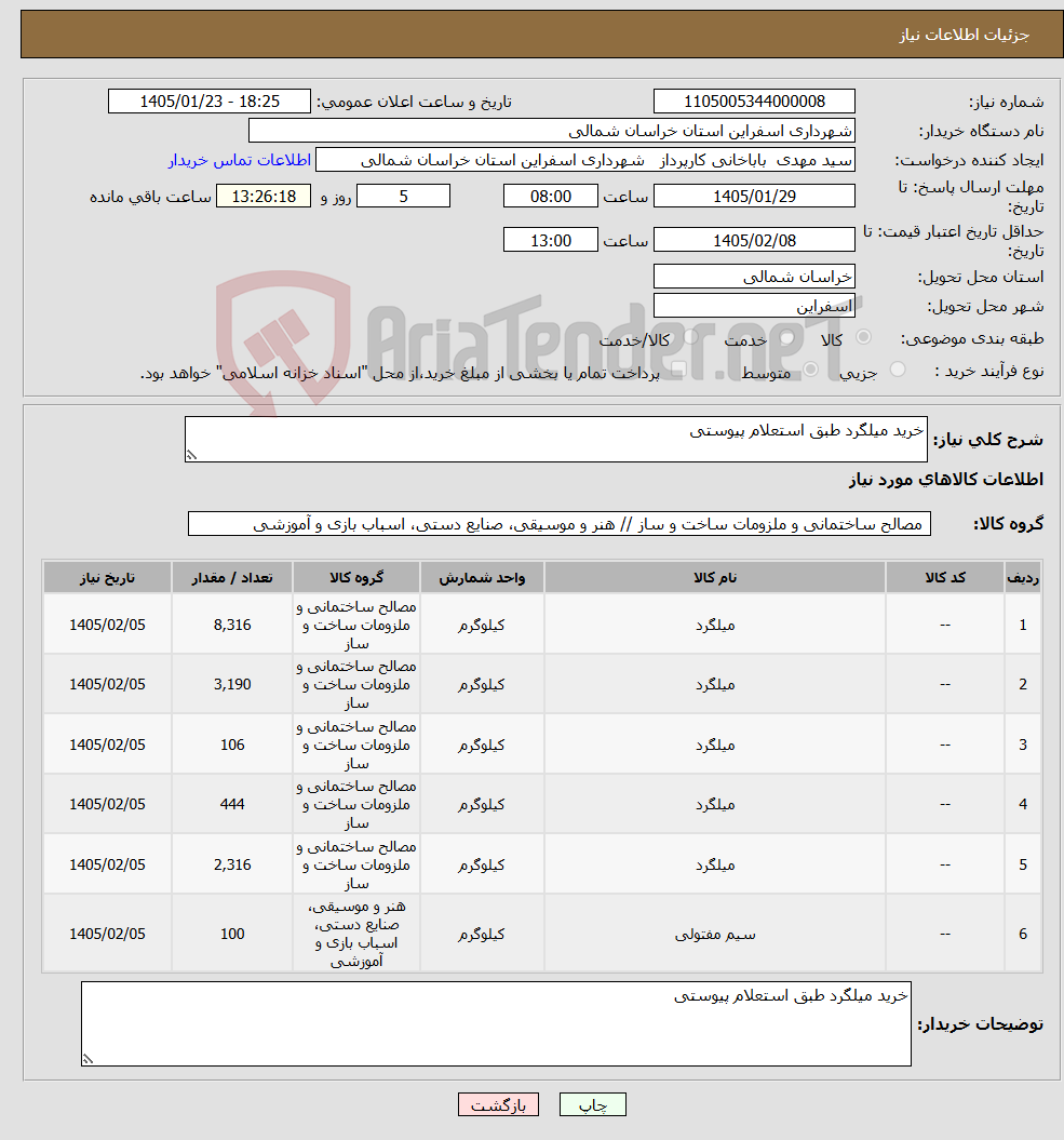 تصویر کوچک آگهی نیاز کالا-خرید میلگرد طبق استعلام پیوستی 