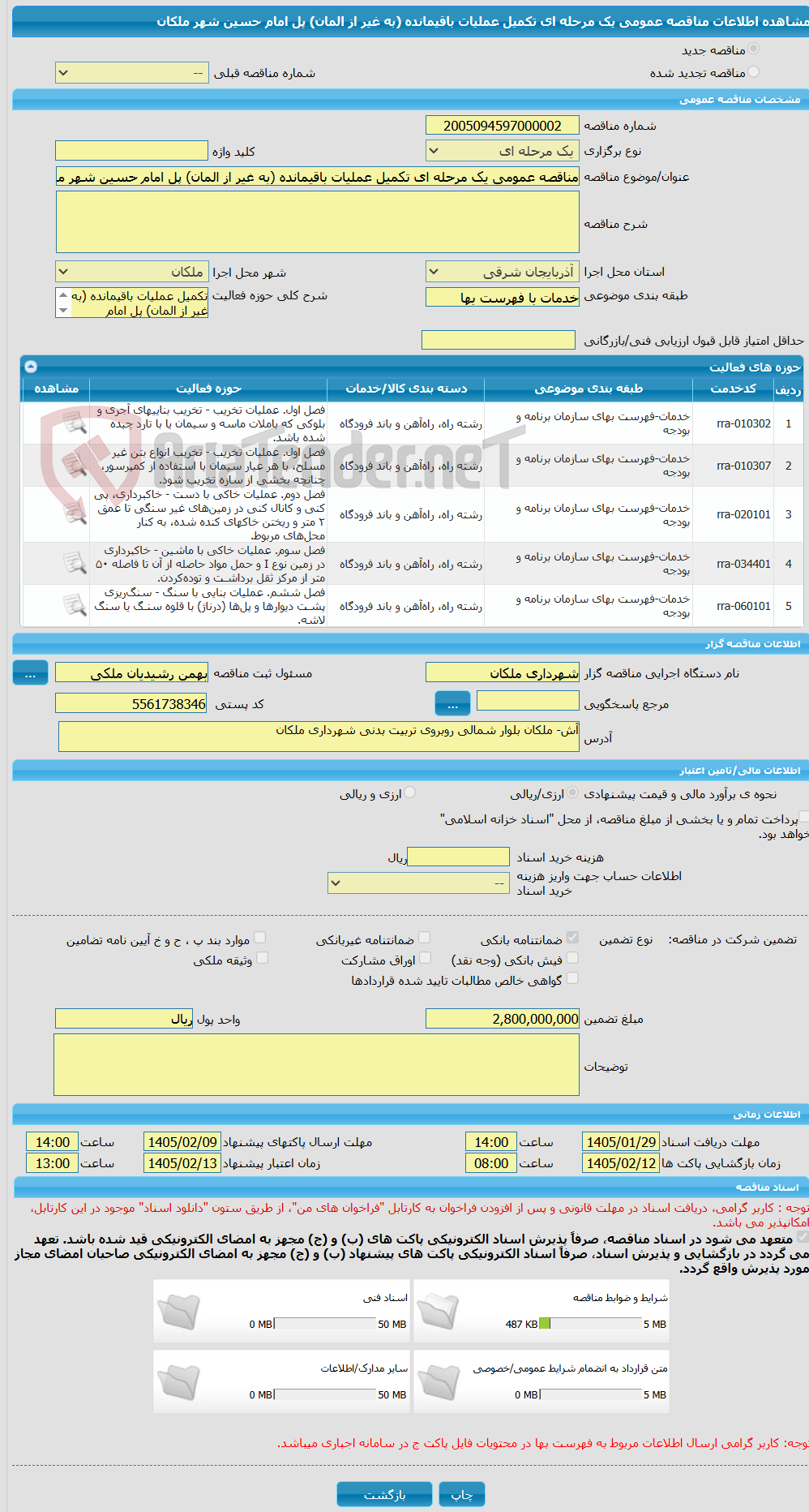 تصویر کوچک آگهی مناقصه عمومی یک مرحله ای تکمیل عملیات باقیمانده (به غیر از المان) پل امام حسین شهر ملکان