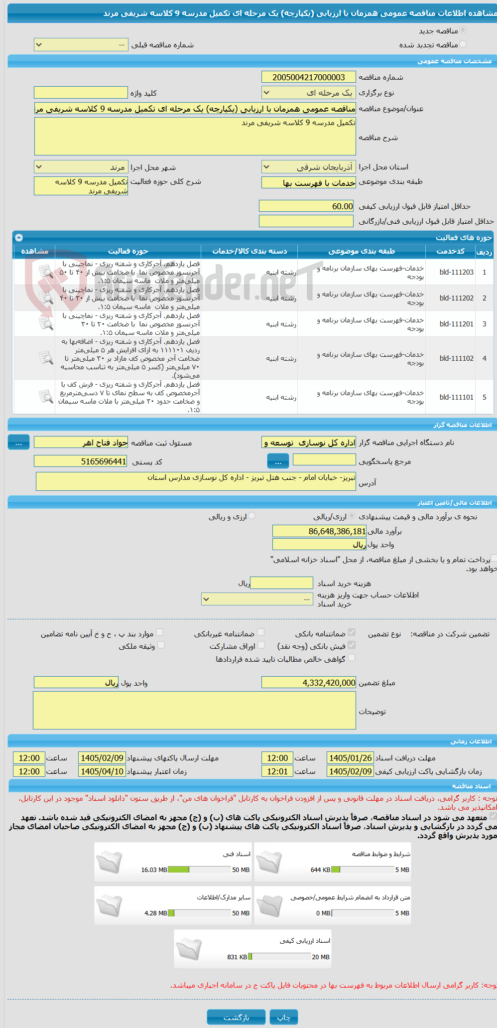 تصویر کوچک آگهی مناقصه عمومی همزمان با ارزیابی (یکپارچه) یک مرحله ای تکمیل مدرسه 9 کلاسه شریفی مرند