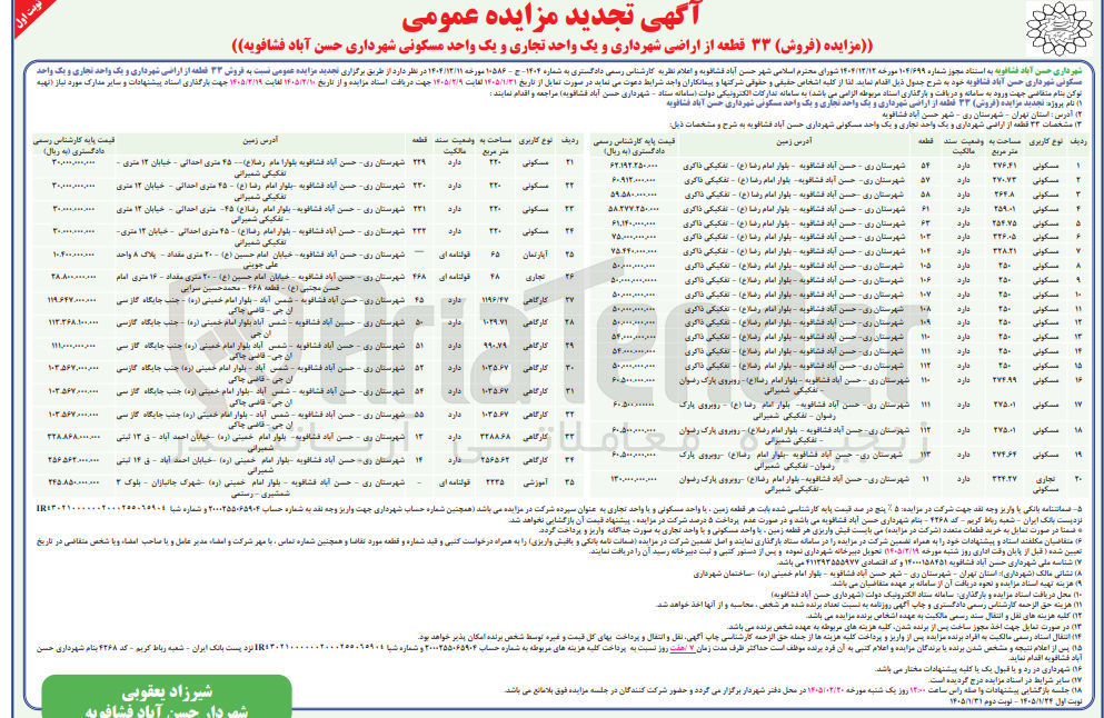 تصویر کوچک آگهی فروش ۳۳) قطعه از اراضی شهرداری و یک واحد تجاری و یک واحد مسکونی شهرداری حسن آباد فشافویه با کاربری کارگاهی و مسکونی و آموزشی 