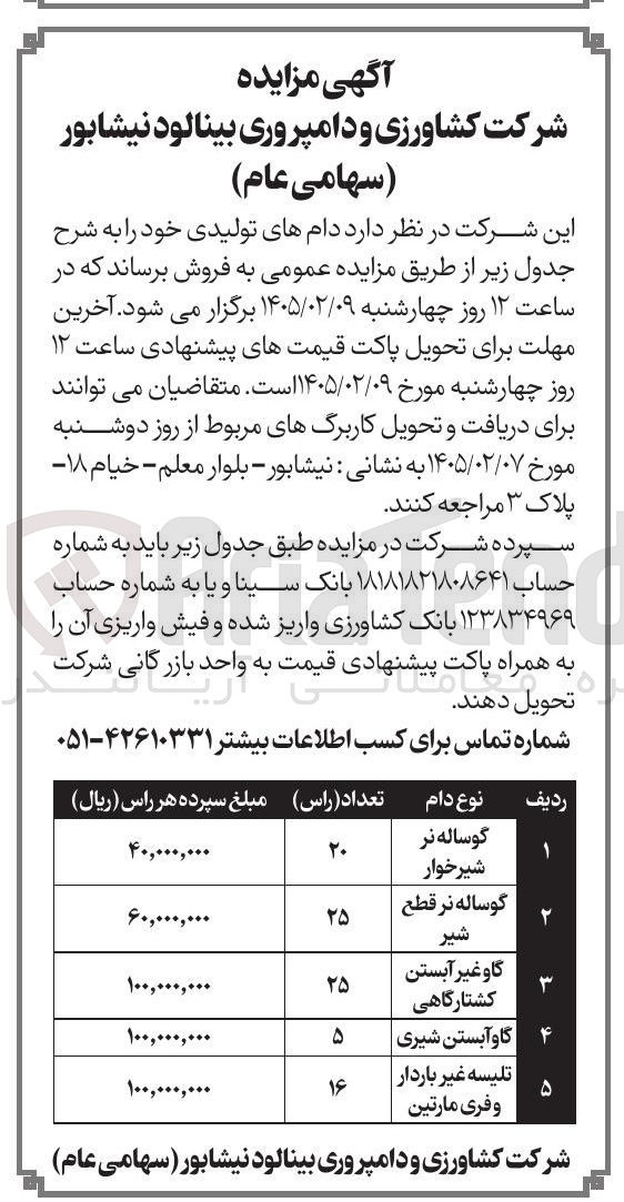 تصویر کوچک آگهی فروش دام در 5 ردیف شامل:گوساله نر شیرخوار گوساله نر قطع شیر گاو غیر آبستن کشتارگاهی گاو آبستن شیری | تلیسه غیر باردار 