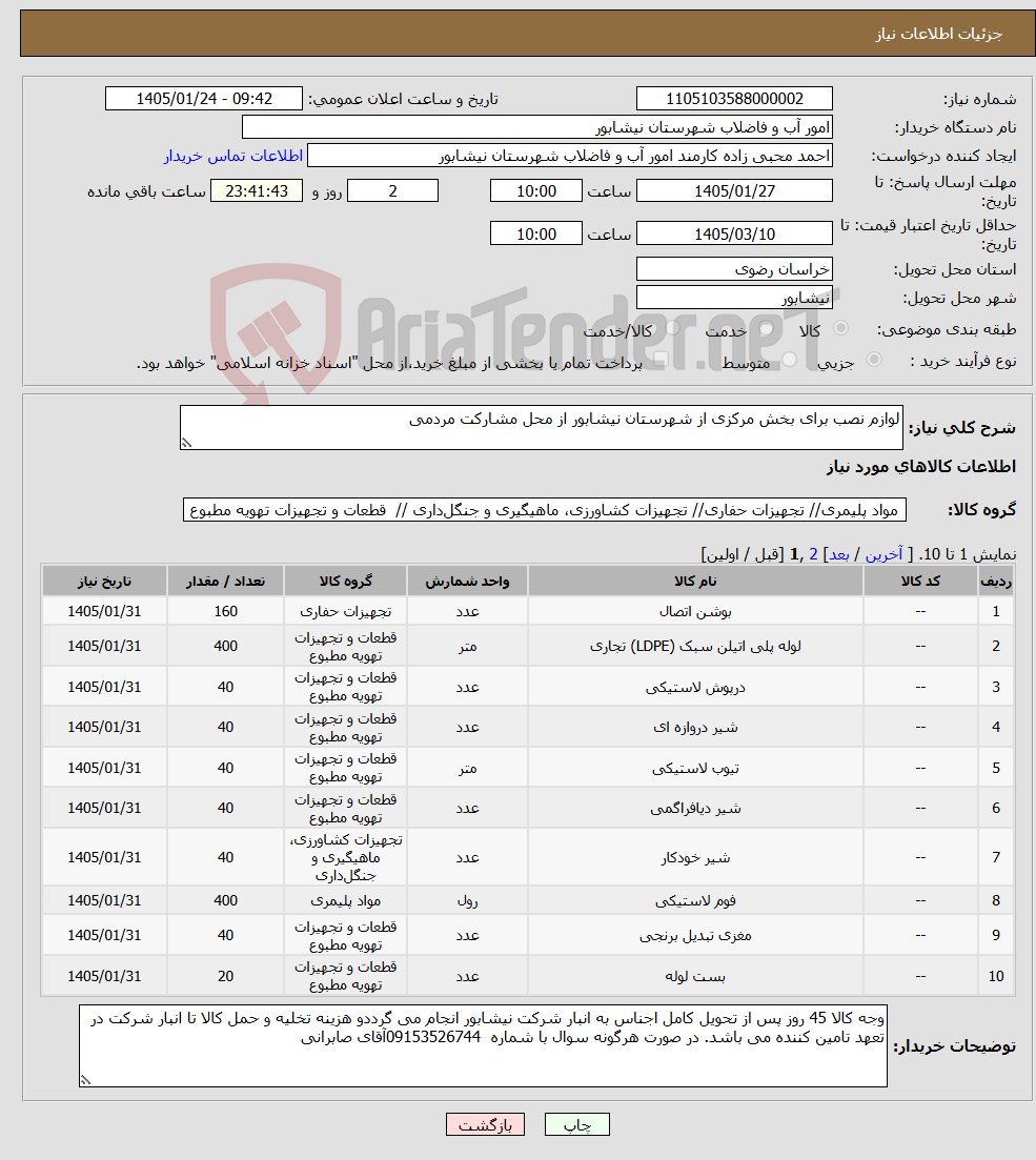 تصویر کوچک آگهی نیاز کالا-لوازم نصب برای بخش مرکزی از شهرستان نیشابور از محل مشارکت مردمی