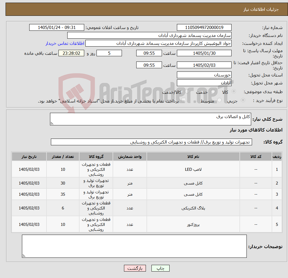 تصویر کوچک آگهی نیاز کالا-کابل و اتصالات برق