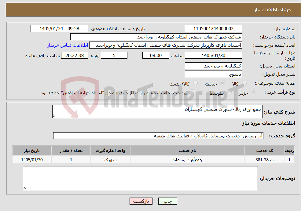 تصویر کوچک آگهی نیاز خدمات-جمع آوری زباله شهرک صنعتی گچساران