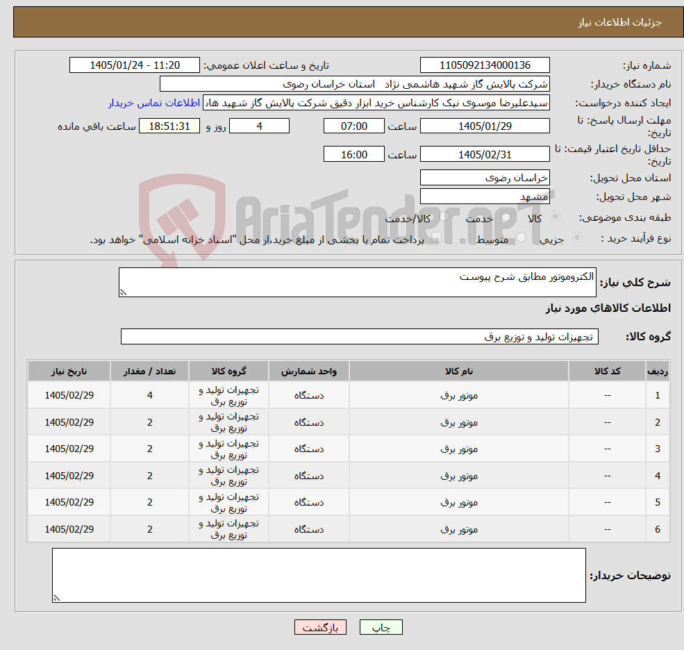 تصویر کوچک آگهی نیاز کالا-الکتروموتور مطابق شرح پیوست