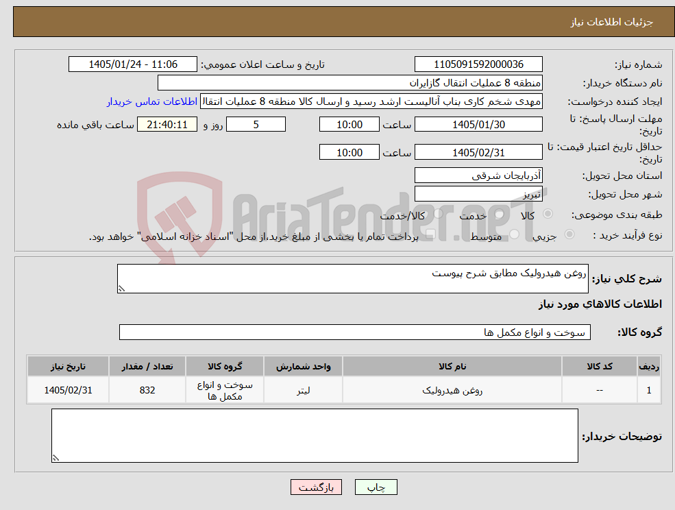 تصویر کوچک آگهی نیاز کالا-روغن هیدرولیک مطابق شرح پیوست