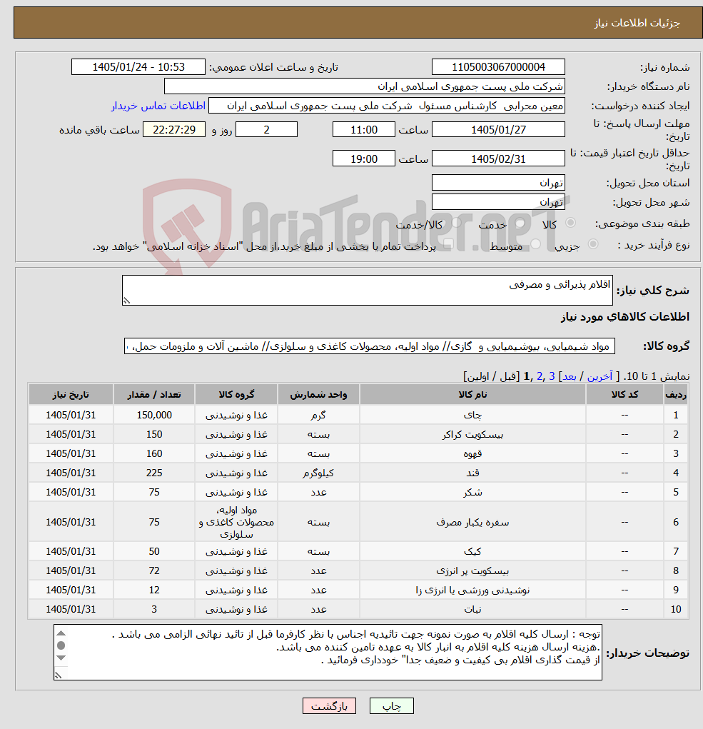 تصویر کوچک آگهی نیاز کالا-اقلام پذیرائی و مصرفی 