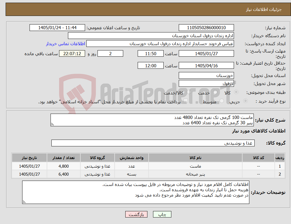 تصویر کوچک آگهی نیاز کالا-ماست 100 گرمی تک نفره تعداد 4800 عدد پنیر 30 گرمی تک نفره تعداد 6400 عدد