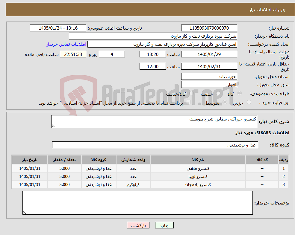 تصویر کوچک آگهی نیاز کالا-کنسرو خوراکی مطابق شرح پیوست